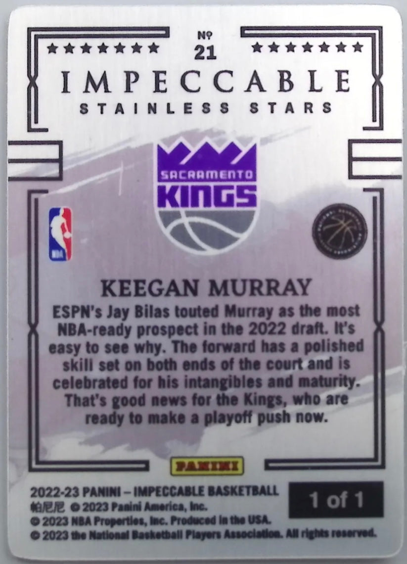 Grail Rare 1 of 1 2022-23 Impeccable Keegan Murray Rookie RC Stainless Stars Platinum 1/1