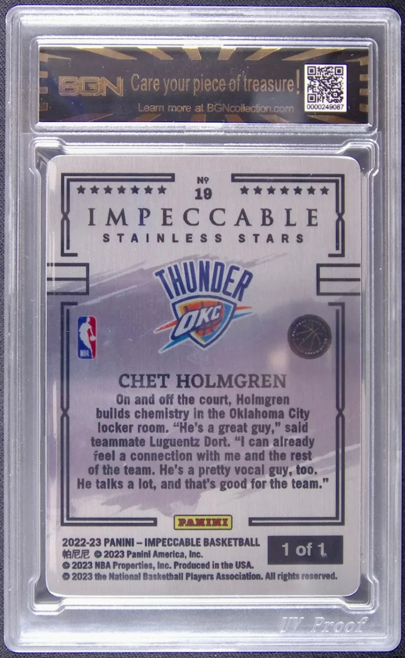 Grail Rookie Card 2022-23 Impeccable Chet Holmgren RC Rookie Stainless Stars Platinum 1/1 Graded BGM 10 Mint