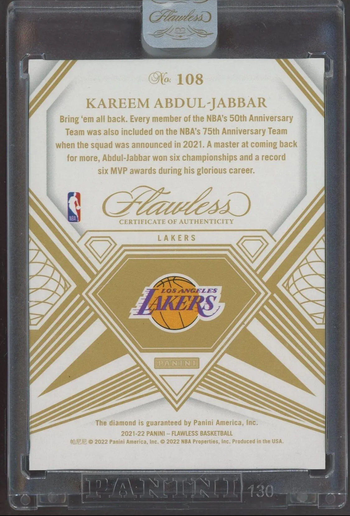 2021-22 Panini Flawless NBA 75th Team DIAMOND Kareem Abdul-Jabbar HOF 2/3