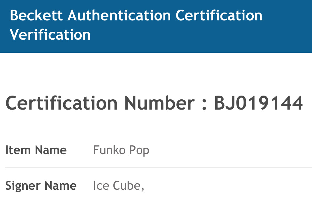 Autographed Signed Funko Pop! Rocks - Ice Cube #160 Signature is Authenticated by Beckett ✅