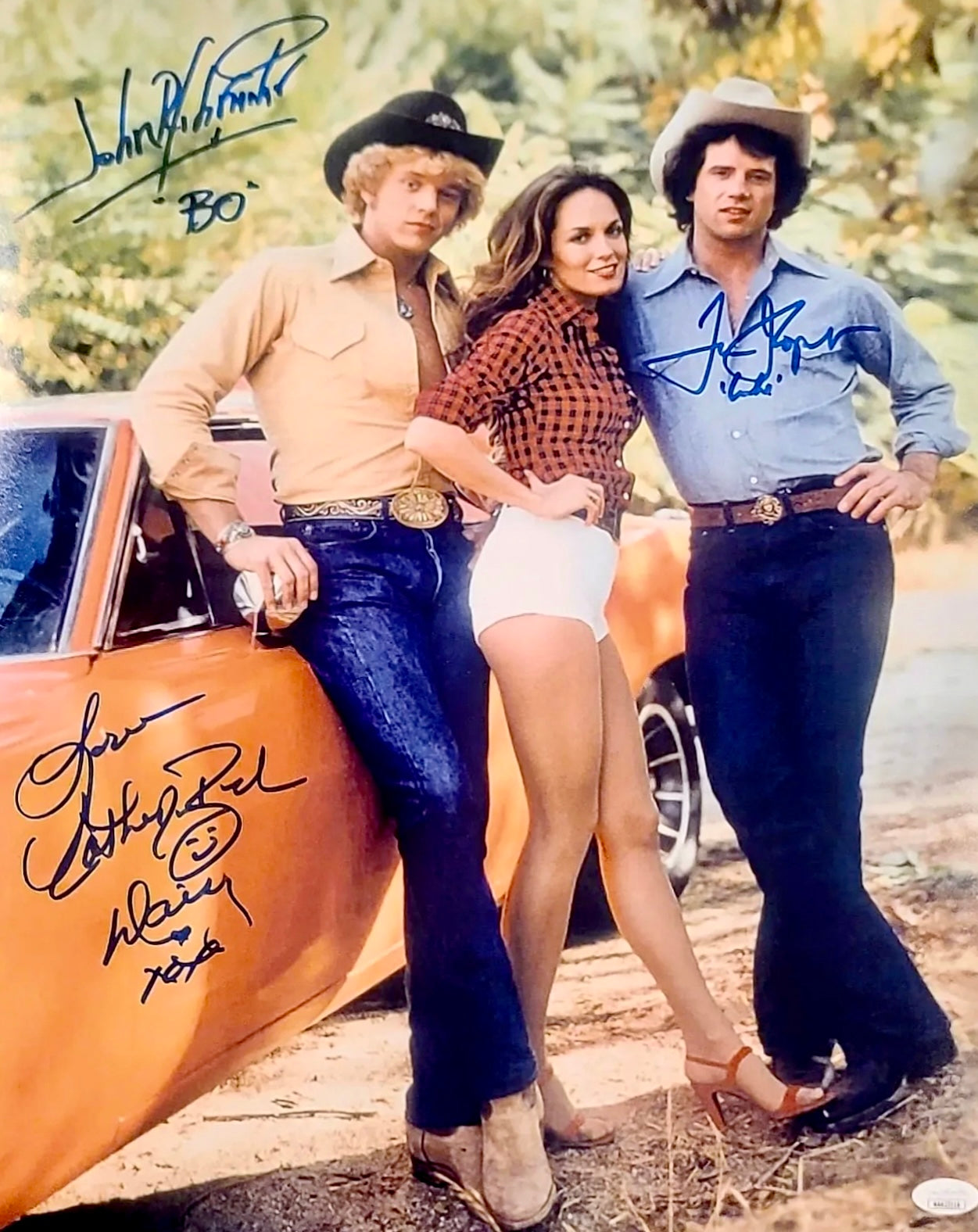 Autographed 16x20 Dukes of Hazzard Poster Schneider Wopat Bach Signed 16x20 Dukes of Hazzard General Lee Photo JSA - DaFunkoShop - Autographed memorabilia.